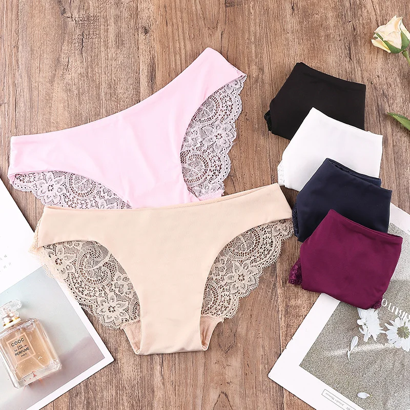 3Pcs Sexy Lace Panties Women Seamless Panty Set Hollow Panties Transparent Ice Silk Seamless Lingerie Plus Size S-XXL