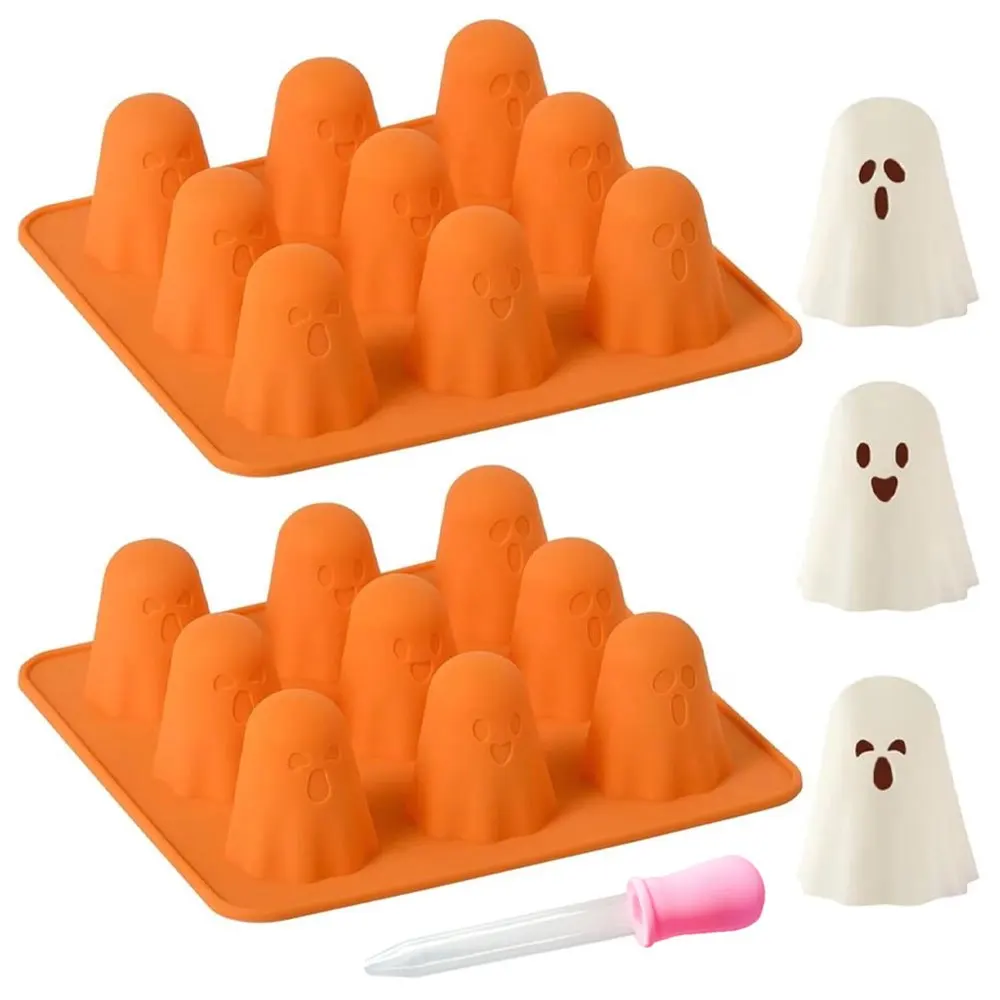 2 unidades de herramienta para manualidades, molde de silicona con 9 cavidades con forma de fantasma de Halloween y gotero, diseño de cara de dibujos animados, para velas, jabones de resina epoxi y