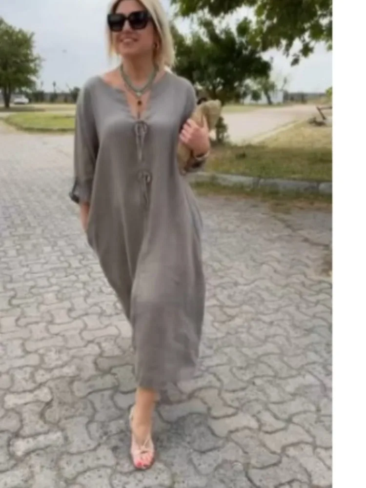 Summer Oversize Women Long Dresses 2024 V-neck Short Sleeve Button Loose Dresses Female Elegant Trendy Beach Ladies Clothes Robe