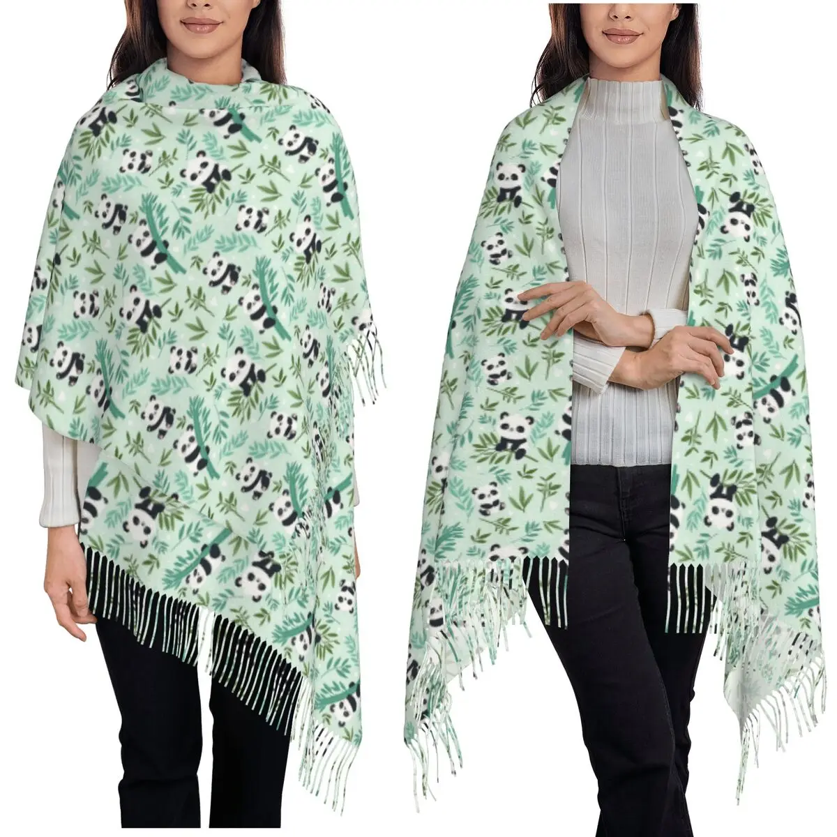 Cartoon Panda And Bamboo Pattern Scarf Tassel Scarves Women Soft Warm Shawls and Wraps Long Fall Winter Shawl Wrap