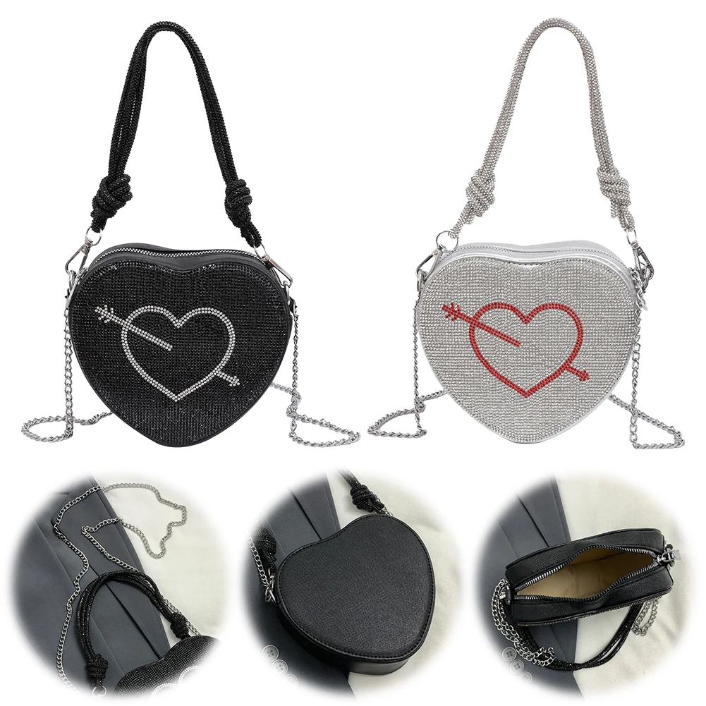 

Shoulder Purse for Women Heart Shape Handbag PU Leather Rhinestone Crossbody Bag with Inner Pocket for Work Travel