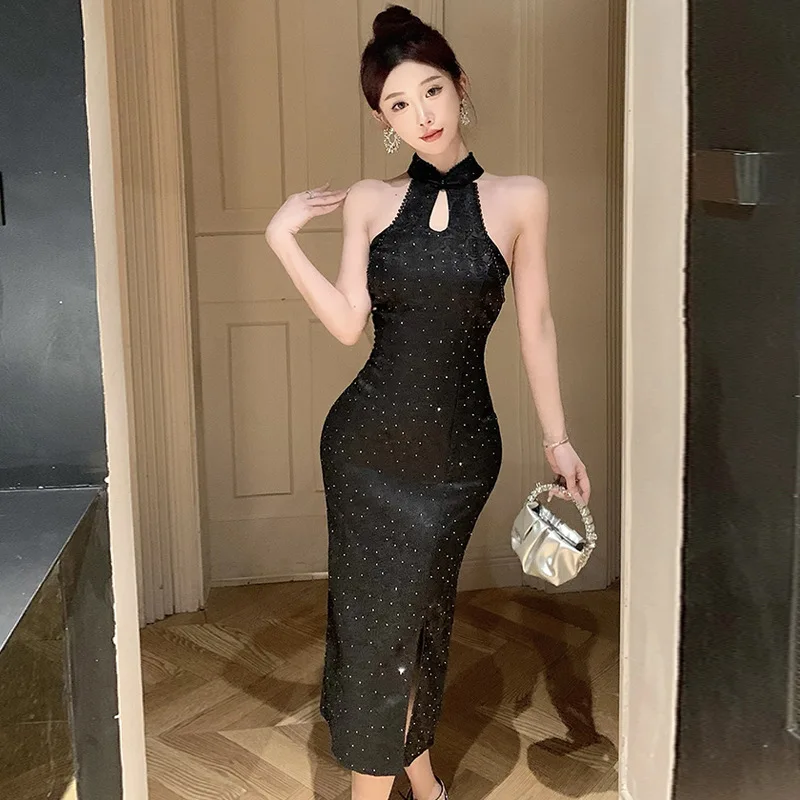 New Backless Chinese Style Improved Female Qipao Cheongsam Elegant Classic Long Sleeveless Dress Sexy White Vestidos
