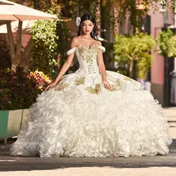 Puffy Charro Quinceanera Dresses Ball Gown Off The Shoulder Organza Ruffles Appliques Mexican Sweet 16 Dresses 15 Anos