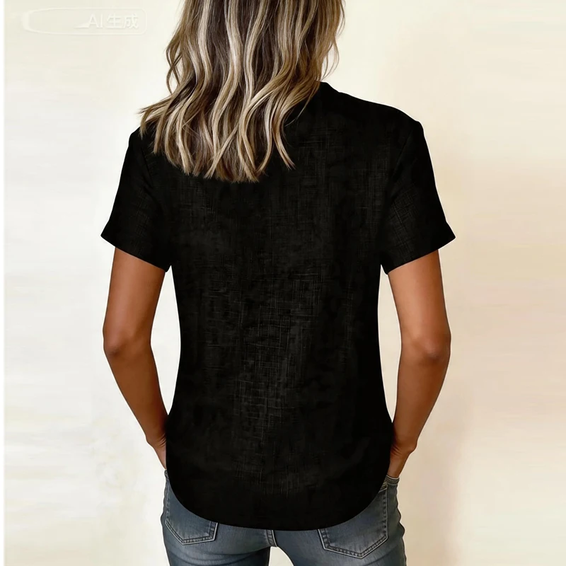 Summer Short Sleeve Basic Blouses Women's Shirts Solid Color V Neck Button Shirts Women Casual Cotton Linen Loose Tops Pullover