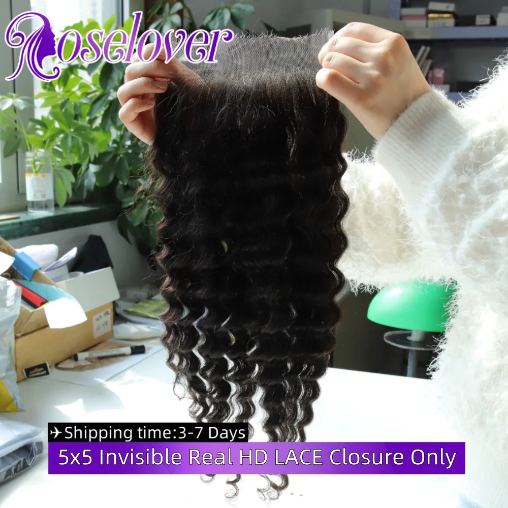 

ROSELOVER 5X5 Invisible HD Lace Closure Only Deep Wave 100% Human Hair Pre plucked Vitname Hair Raw for Woman