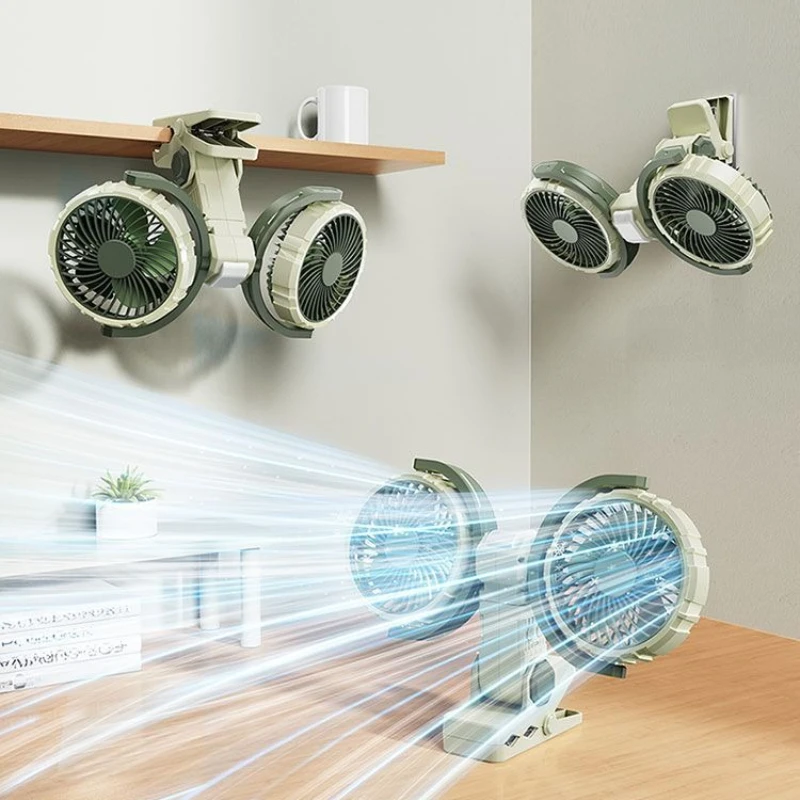 Summer Car Clip Dual Head Fan Desk Fans 3-Speeds Two Light Modes USB Rechargeable Fans 360° Rotatable Desktop Cooling Air Fan