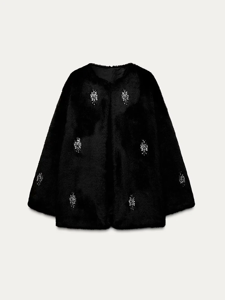 따뜻함과 스타일: 새로운 겨울 여성 자켓 인조 모피 트리밍 긴 소매 다이아몬드 장식 코트 통근 스타일 레귤러 길이