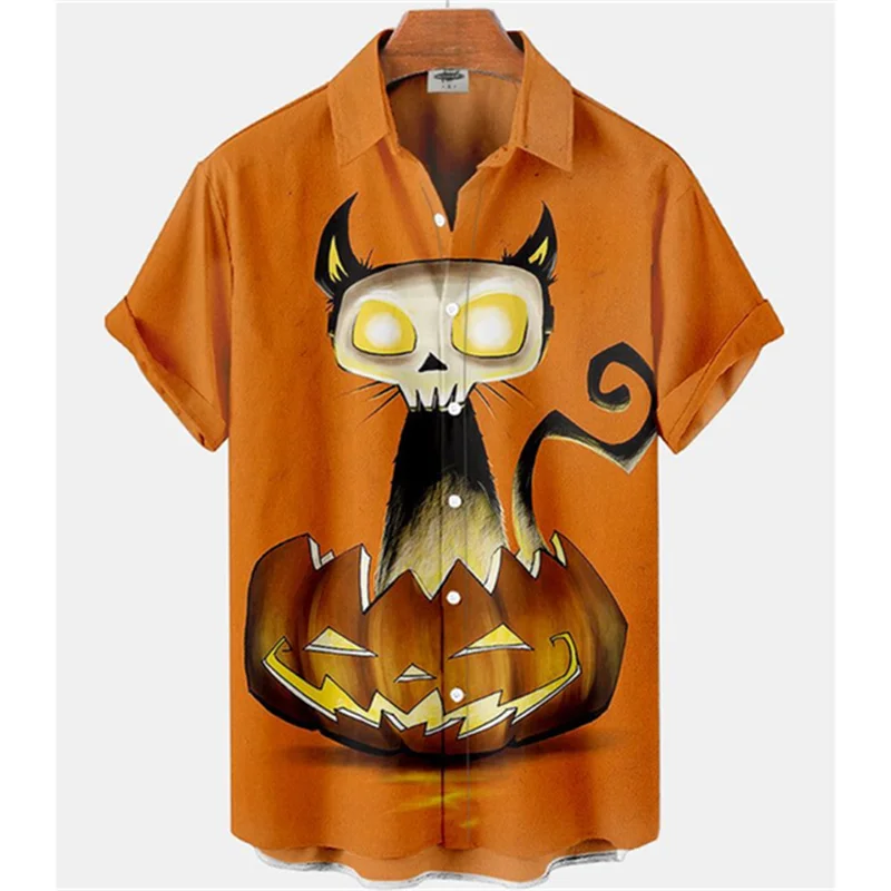 Homens manga curta com botão, camiseta extragrande com estampa 3D Halloween, roupa de festa, casual, retrô, verão