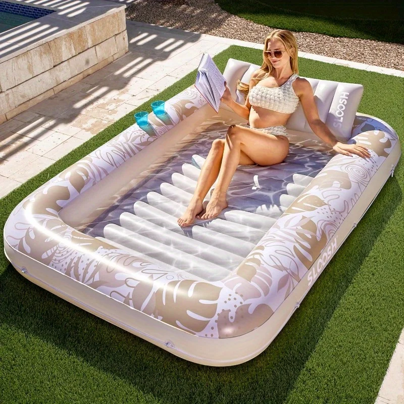 Sloosh 85" x 57" extra große aufblasbare Sonnenliege für Erwachsene mit Kissen, 4-in-1-Sonnenwanne/Floß