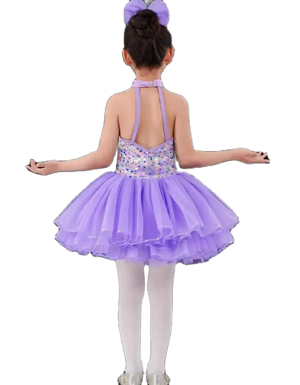 Disfraz de baile moderno con lentejuelas para niñas, ropa de escenario para niños pequeños, vestido de princesa de boda, púrpura, Jazz