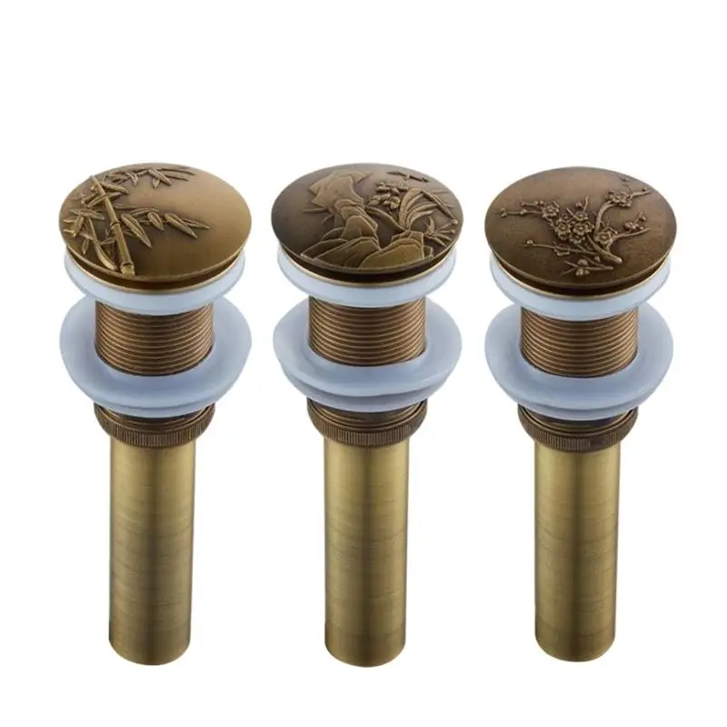 1pc Artistic Bathroom Basin Lavatory Sink Pop Up Drain with Round Carved Cover Brass Antique Hand-drawing Bathroom Accessories