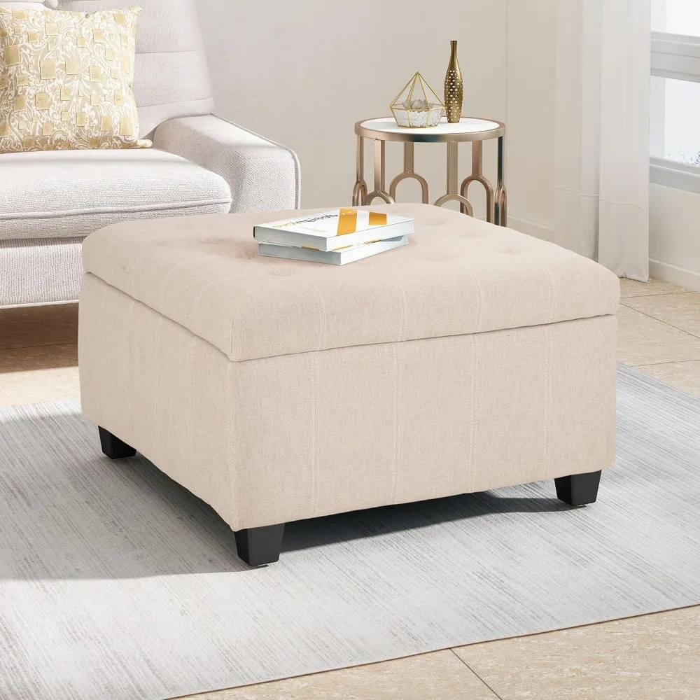

Large Square Storage Ottoman,Upholstered Button Tufted Coffee Table, Linen Footrest with Wooden Legs for Living Room