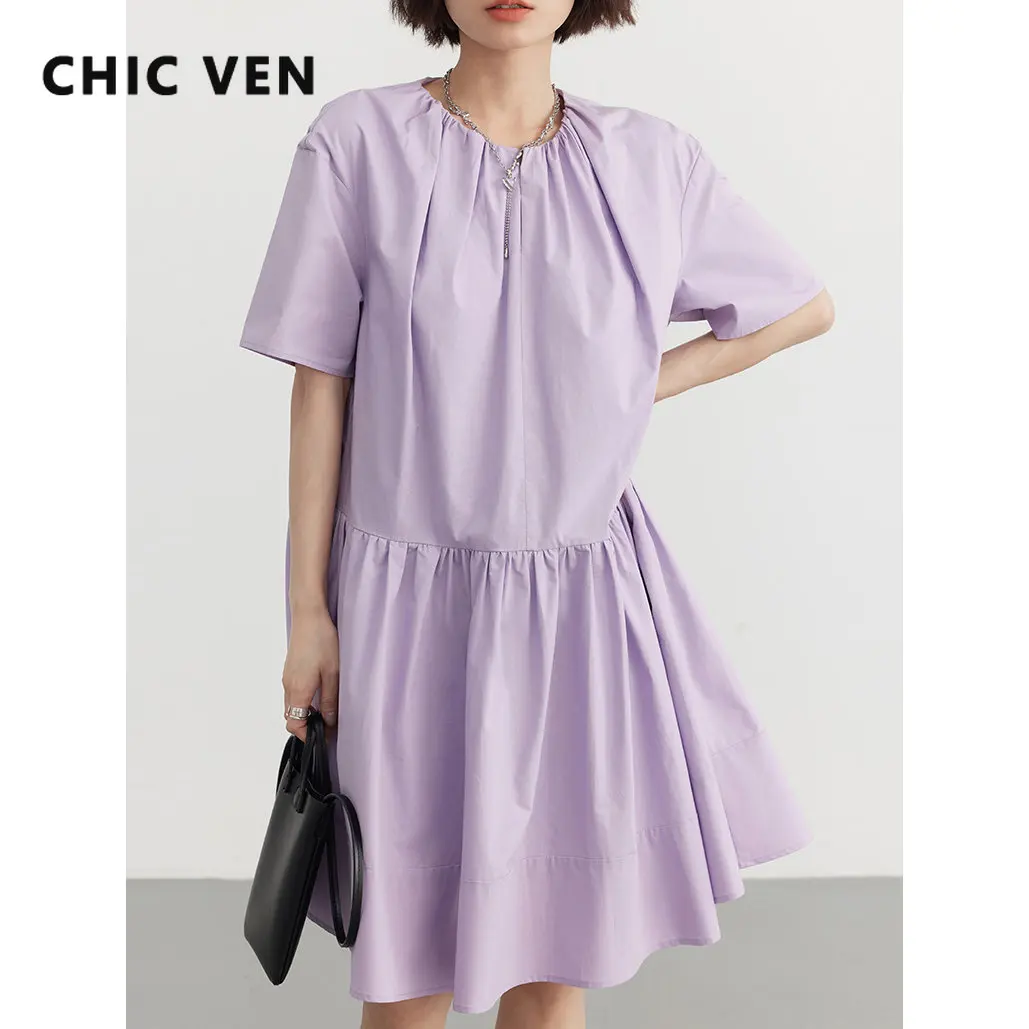 

CHIC VEN Women's Summer Dresses Solid Casual Loose Pleated Pullover Short Sleeved Dress A Line Female Clothing 2023