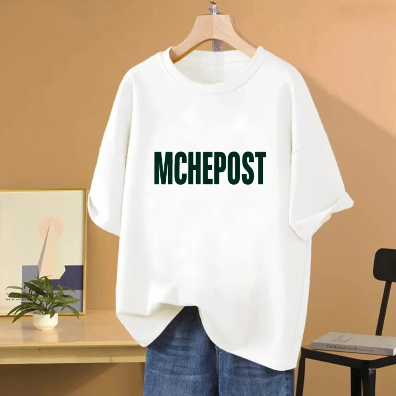 Women's Loose Cotton Printed Short Sleeved Top with MCHEPOST Text Pattern Print Suitable for Spring and Summer
