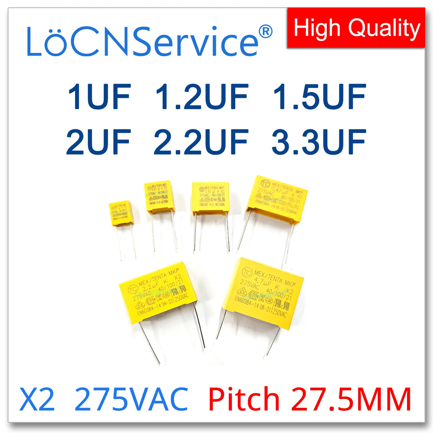 

200PCS Pitch 27.5MM X2 Safety Correction Capacitor 275VAC 1UF 1.2UF 1.5UF 2UF 2.2UF 3.3UF 105 125 155 205 225 335 1000NF 1200NF