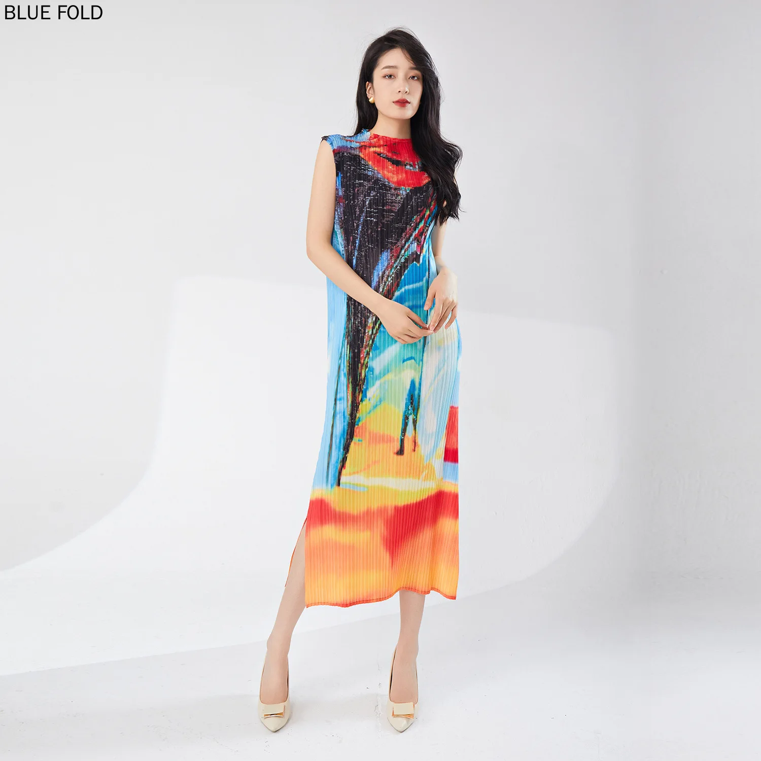 Miyake Hot Selling Dress Women's High-end Summer Printed Sleeveless Fashion Slit Elegant Dress PLEATS High Quality Birthday Dres