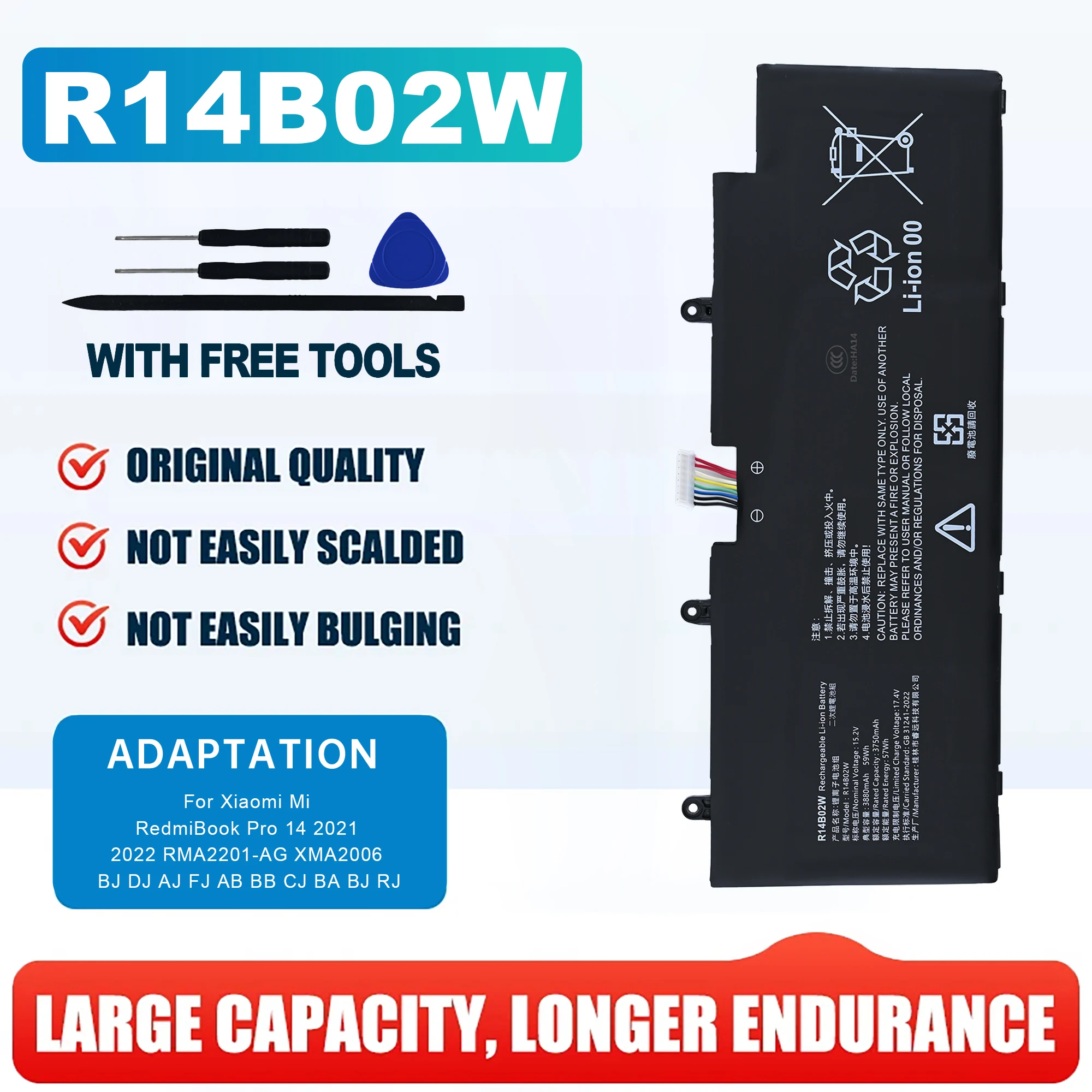R14B02W 15.4V 56Wh 3636mAh Laptop Battery for Xiaomi for Redmi RedmiBook Pro 14 XMA2006-AJ/BJ/DJ RMA2201-AG Rechargeable Battery