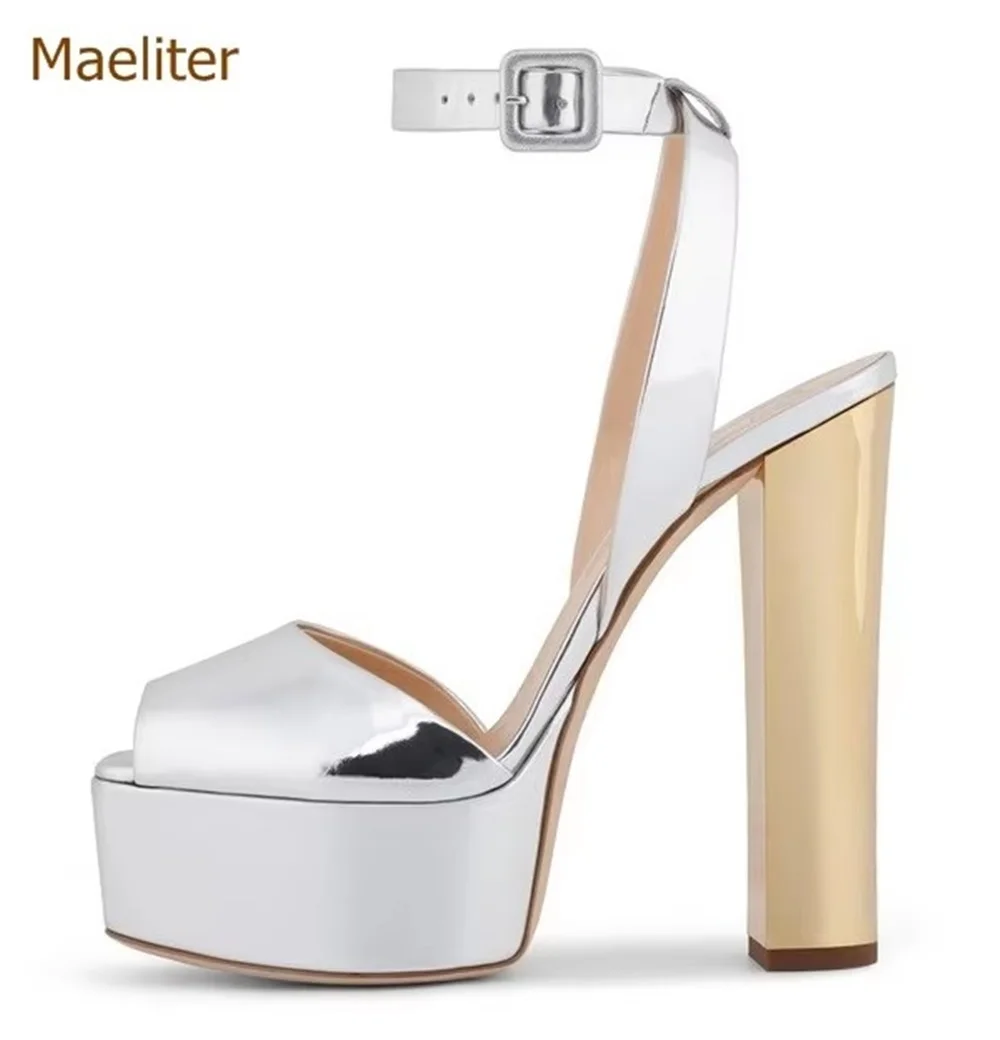 Metallic Platform Dress Pumps Colorized Chunky Heel Sandals Bling Bling Sequined Bridal Shoes Glittering Paillette Thick Heels