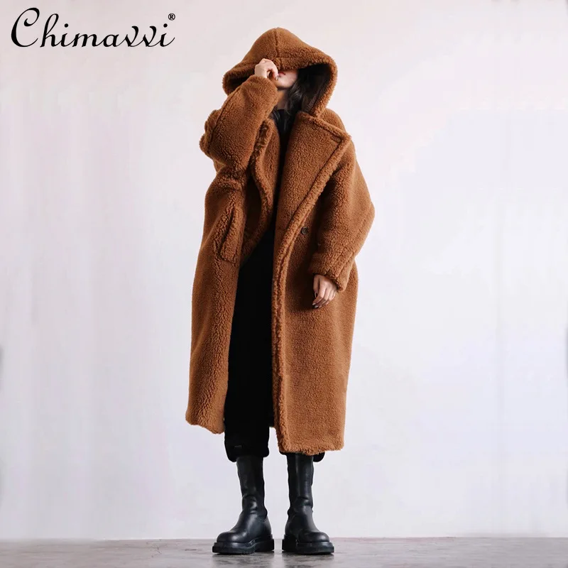 

American Style Fashion Casual Retro Faux Fur Coats Single Breasted Loose Versatile Hooded Plush Warm Long Jackets Women Winter