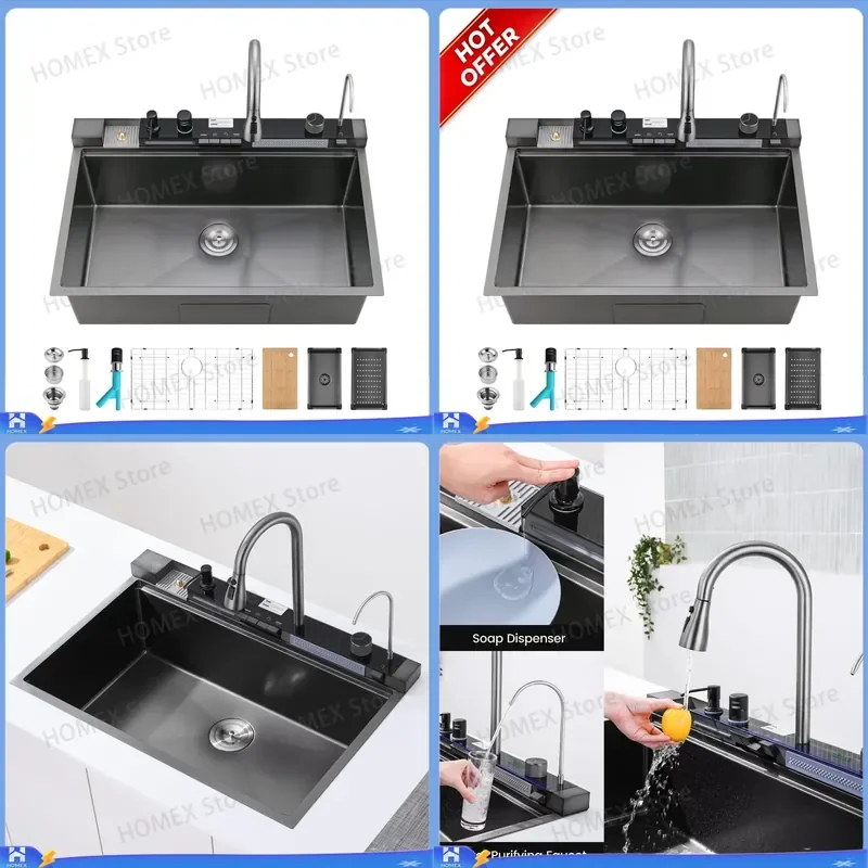 304 Stainless Steel Kitchen Sink Counter Mount Multifunctional Workstation with Full Accessories Large Single Bowl Farmhouse