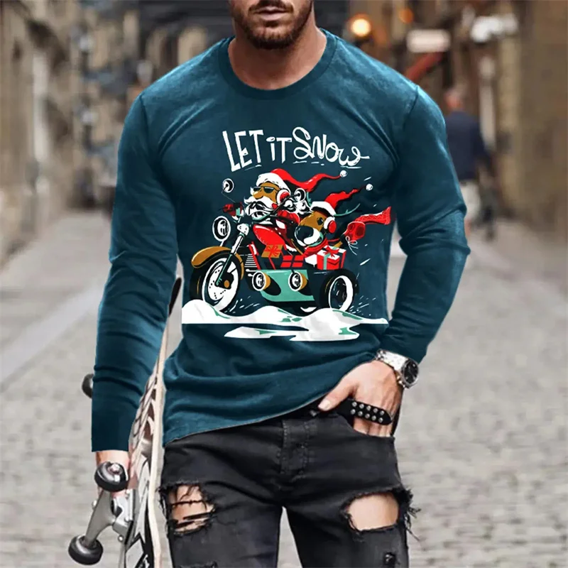 Merry Christmas Pattern T-Shirt For Men Santa Claus 3D Printed T Shirts Autumn Casual Oversized Round Neck Tops Long Sleeve Tees