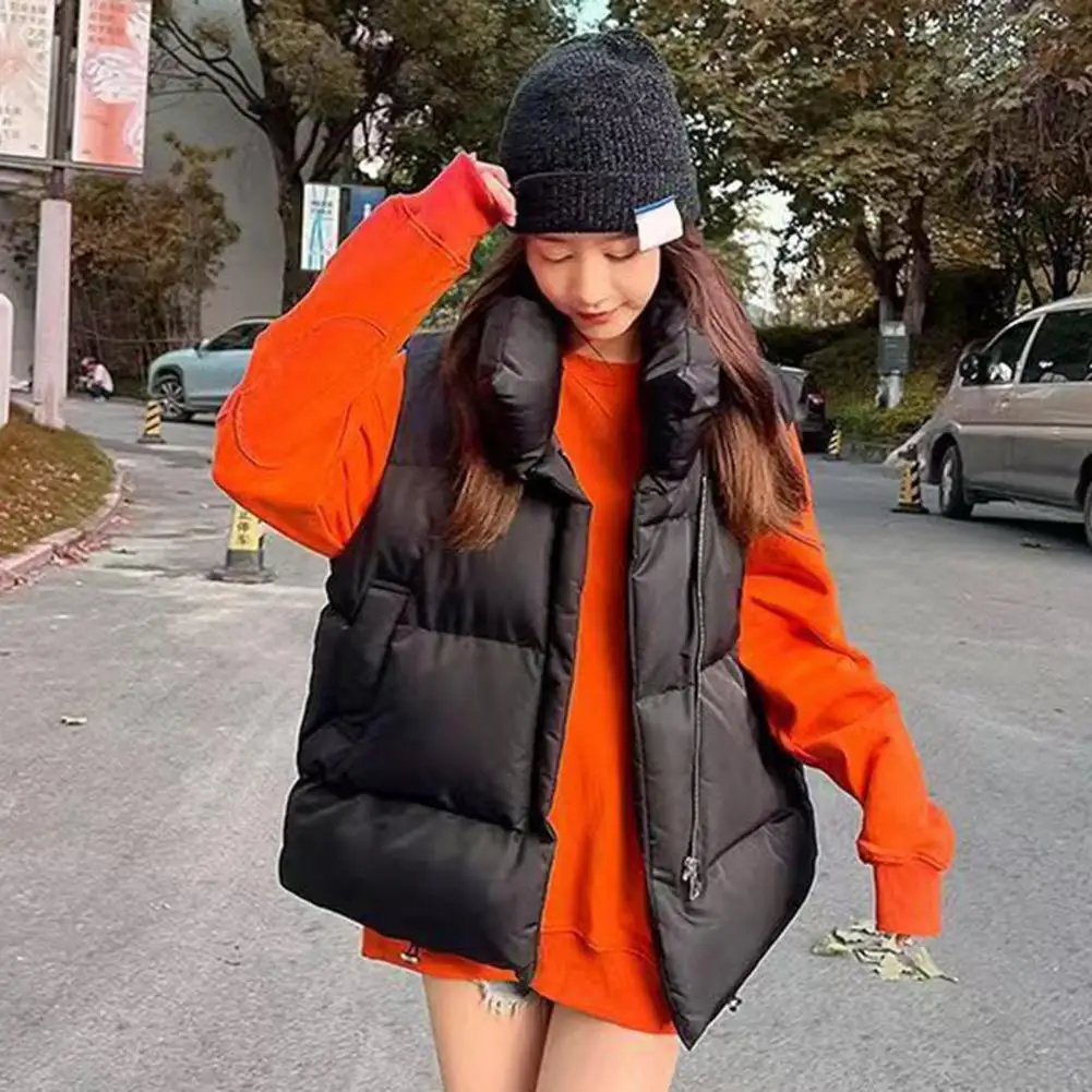 

Winter Wome Thickened Coat Zipper Closure Turn-down Collar Sleeveless Solid Color Winproof Heat Retention Outdoor Down Coat