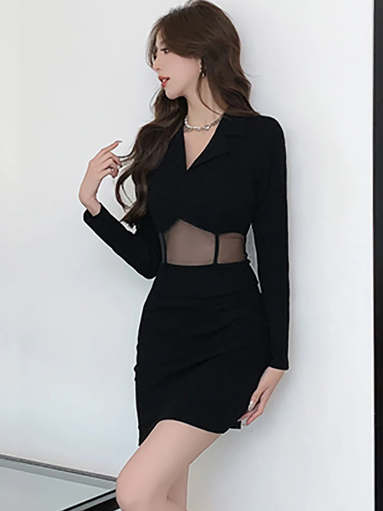 Autumn Winter Black Patchowrk Mesh Hollow Out Sexy Club Dress Women Elegant Chic Short Dress 2024 Korean Vintage Hepburn Dresses