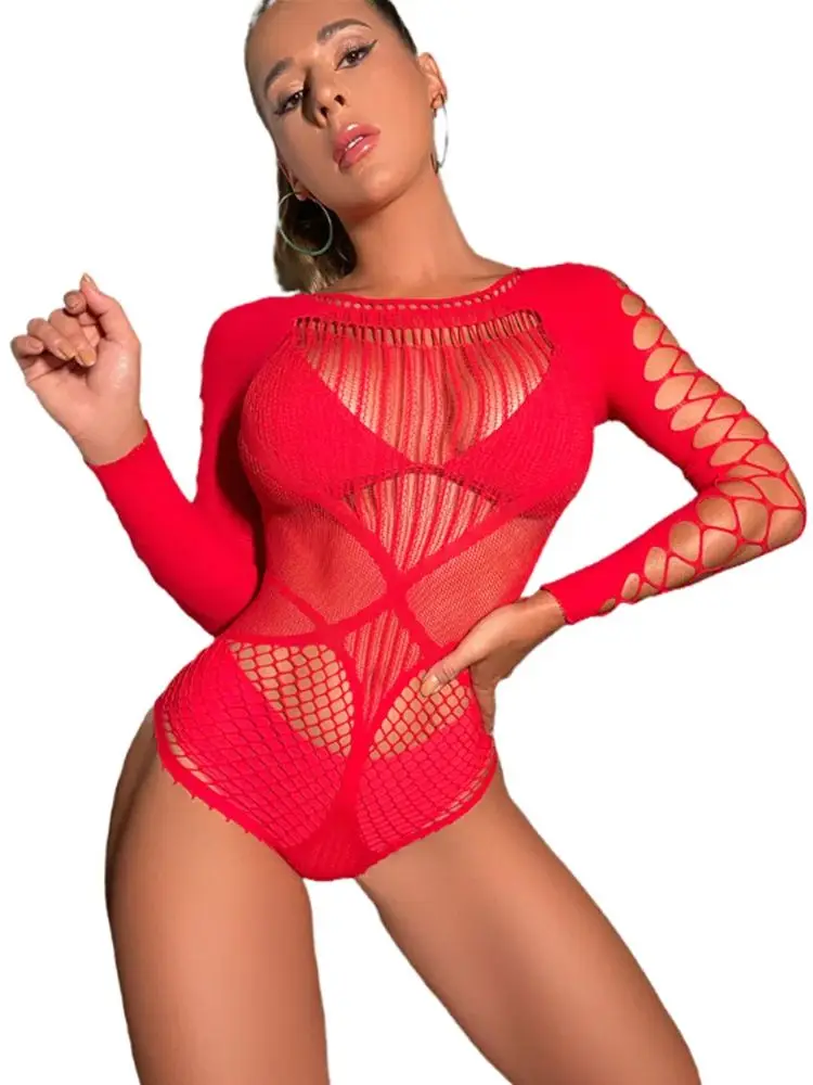 

O-neck Sexy Red Strap Jumpsuit Skinny See-through Women Pajamas Playsuit Erotic Lingerie Catsuit Backless Hollow Out Bodysuit
