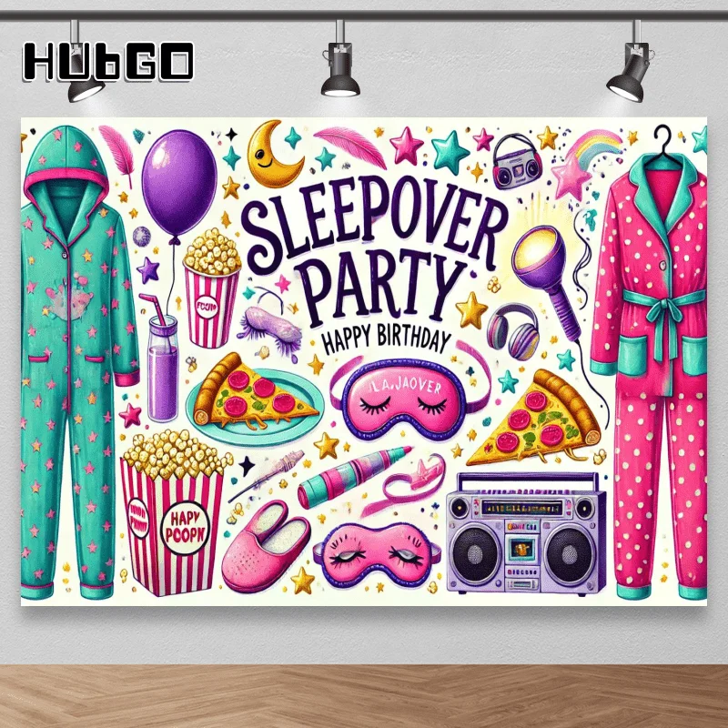 Vibrant Sleepover Party Backdrop with Pajamas & Fun Icons - Durable Polyester, High-Definition Design for Studio & Event Decor