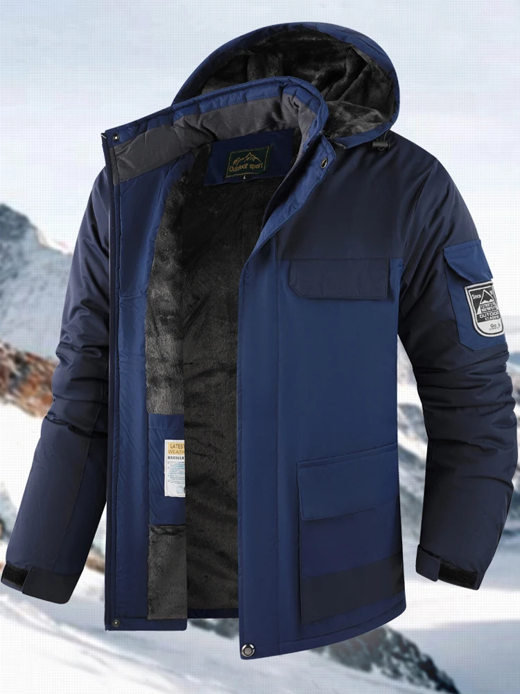 Big&Tall Outdoor Jacket Men Plus Size Fleece Lined Hooded Coat Waterproof Winter Man Parkas Loose Plus Size Coat Hiking Outwear