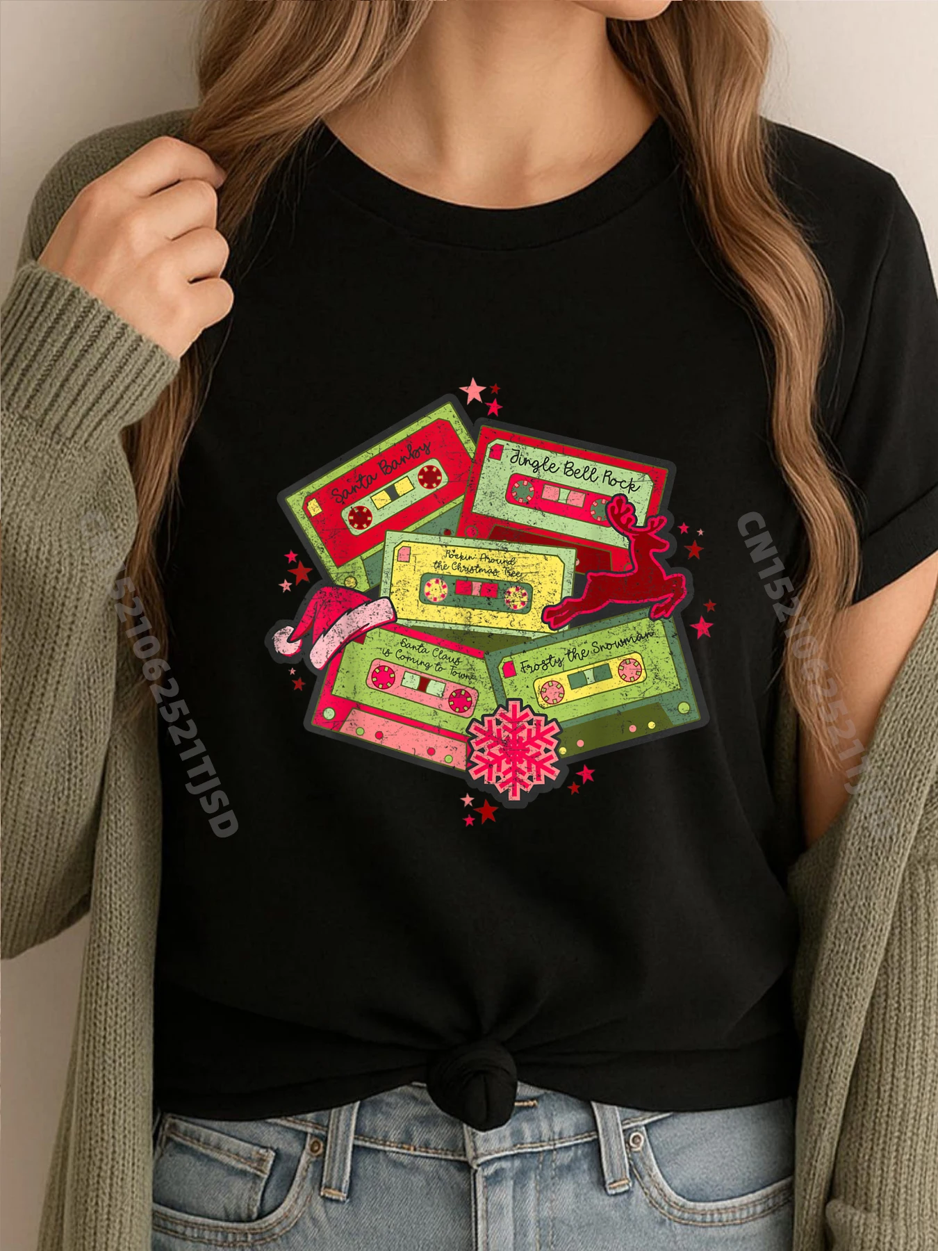 

Ретро Рождественская музыкальная кассета с лентами, милый рождественский костюм, модная футболка, женская летняя футболка большого размера в японском стиле