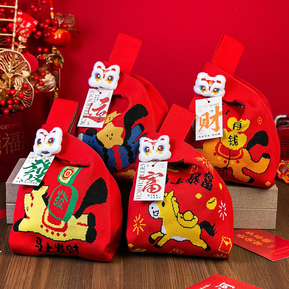 

Year Of The Horse Red Knot Wrist Handbag Cartoon Mascot Pony Knitted Candy Tote Bag Reusable Shopping Bag Gift Packaging Bag
