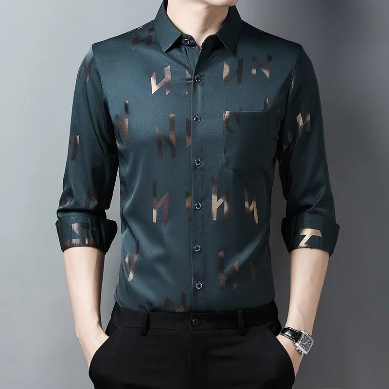 New Men\'s Casual Printed Long Sleeved Lapel Shirt for Spring and Autumn Fashion Comfortable Wrinkle Free Top Without Ironing