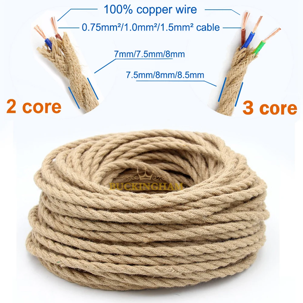 Cuerda de cáñamo trenzada para lámpara eléctrica, Cable de luz colgante Retro, 2 núcleos, 3 núcleos