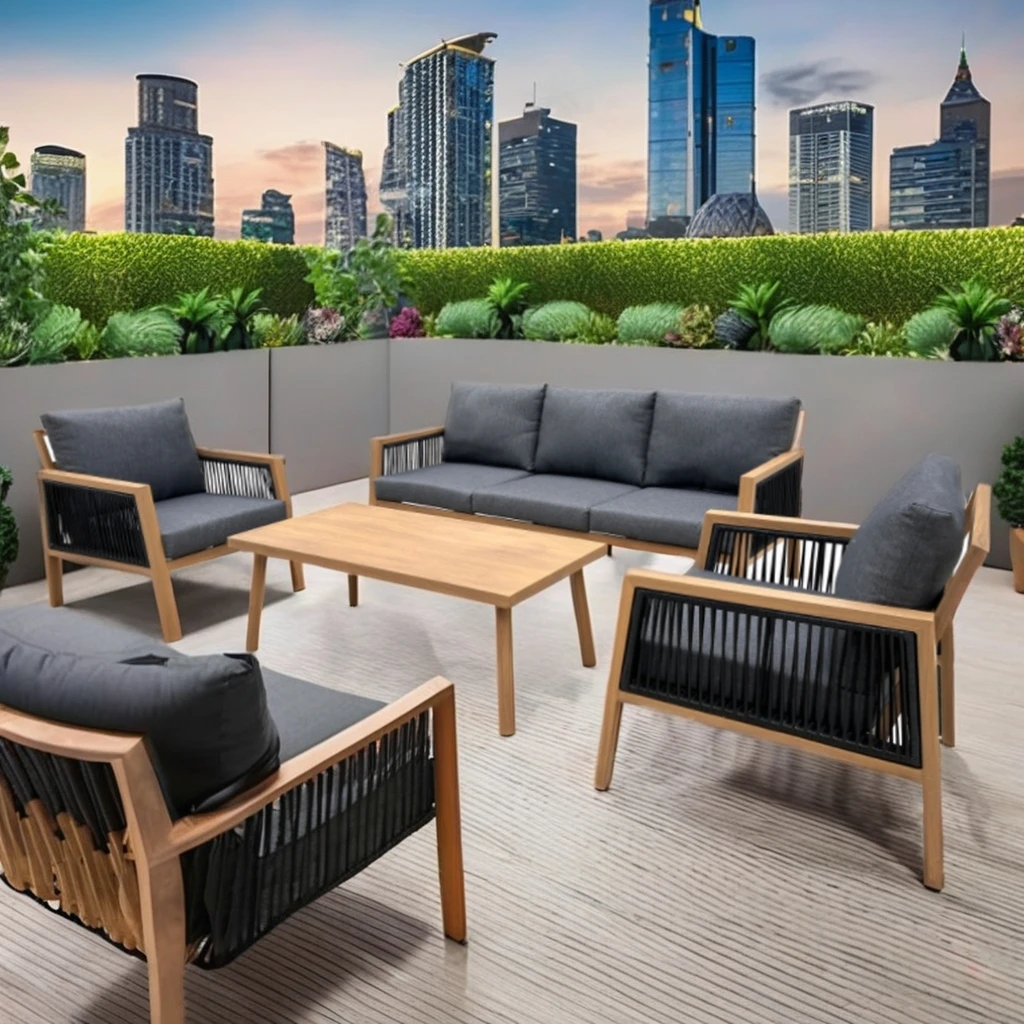 

Modern Aluminum Sectional Sofa Set Outdoor Furniture with Wood Grain Heating Transfer Treatment for Home Office Hall Laundry