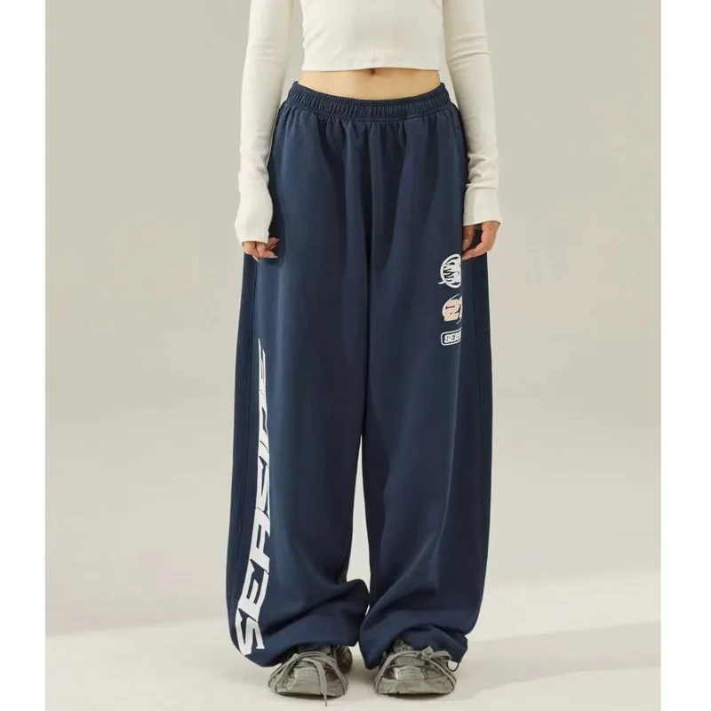 

American Hip Hop Navy Blue Sports Casual Sweatpants Women High Waist Draped Wide Leg Baggy Pants Women Emo Harajuku Jogging Pant