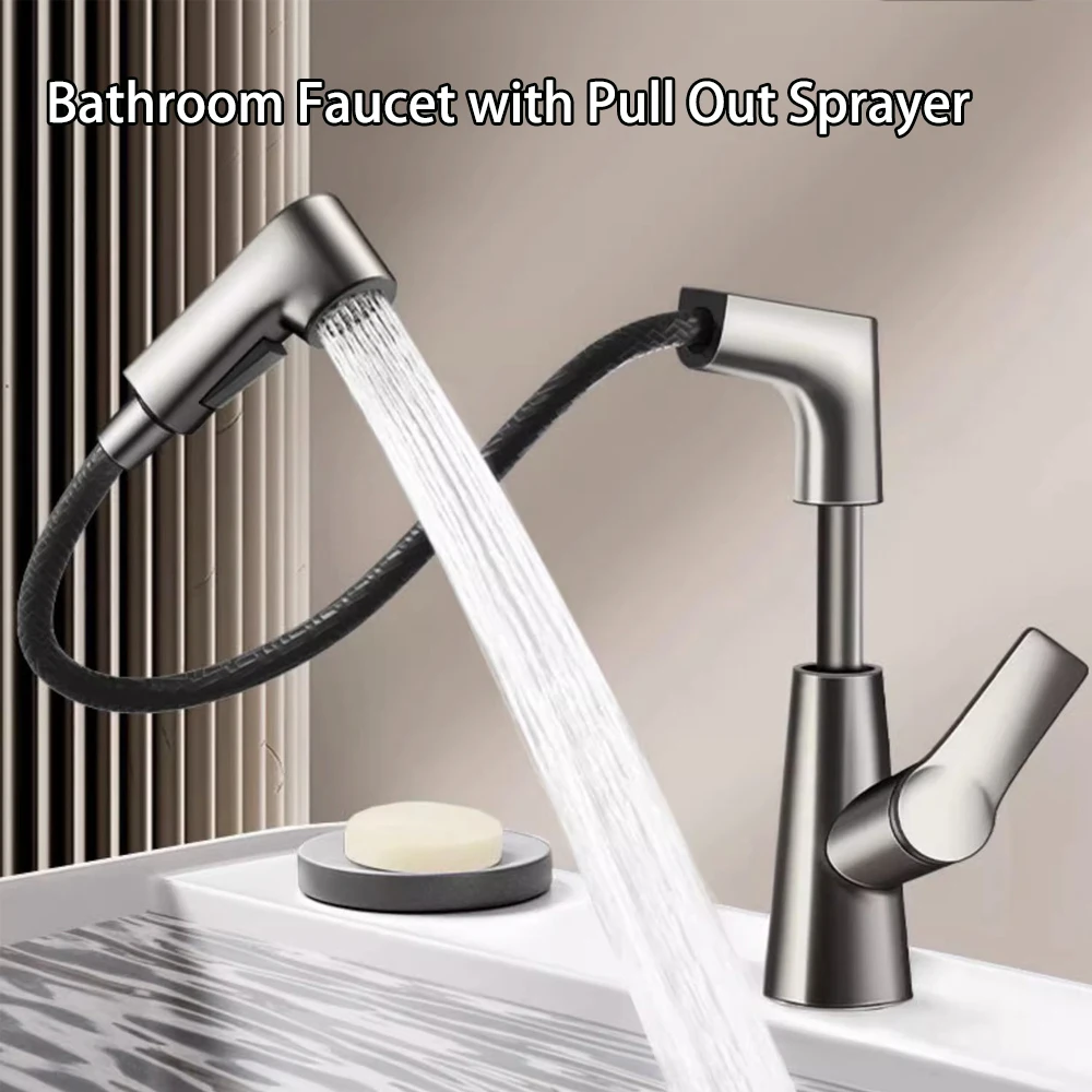 Pull Out Lift Kitchen Faucet Stainless Steel 360° Rotatable  Lift Up Bathroom Sink Vanity Hot&Cold Faucet With Pull-out Function