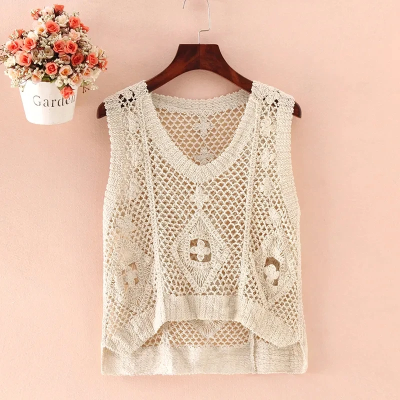 

Summer Fashion Hollow Vest Women Outerwear Crochet Sleeveless Jacket Pullover Knitted Waistcoat Short Section Beach Tops H2478