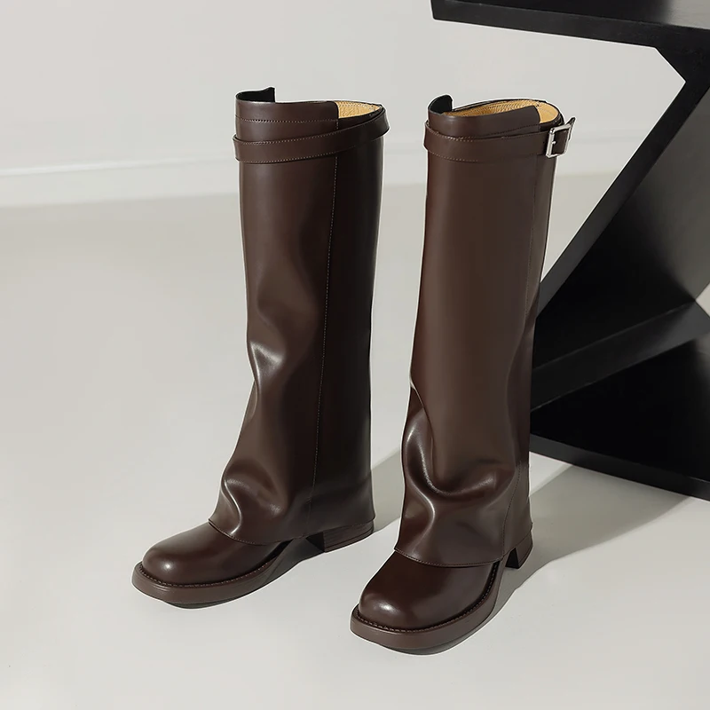 QUTAA 2025 Women Knee High Boots Chunky Mid Heels Fashion Western Cowboy Woman Winter CowGirl Long Shoes Size 34-39