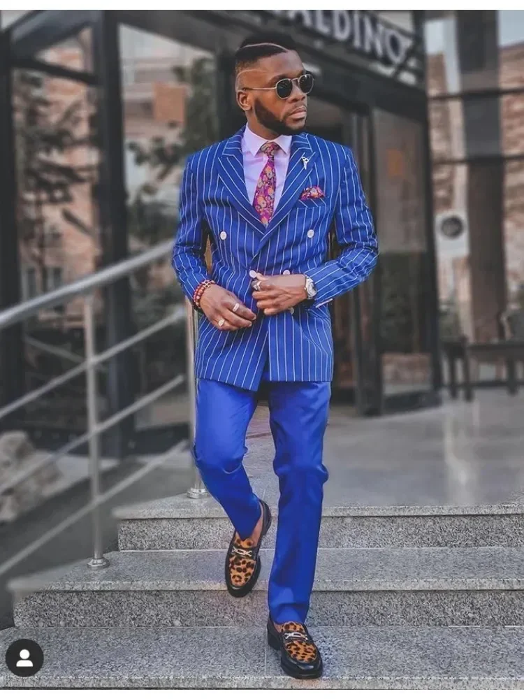 

Royal Blue Striped Jacket Pants Double Breasted Men Suits Costume Homme Groom Prom Wedding Blazer Terno Masculino Slim Fit Set