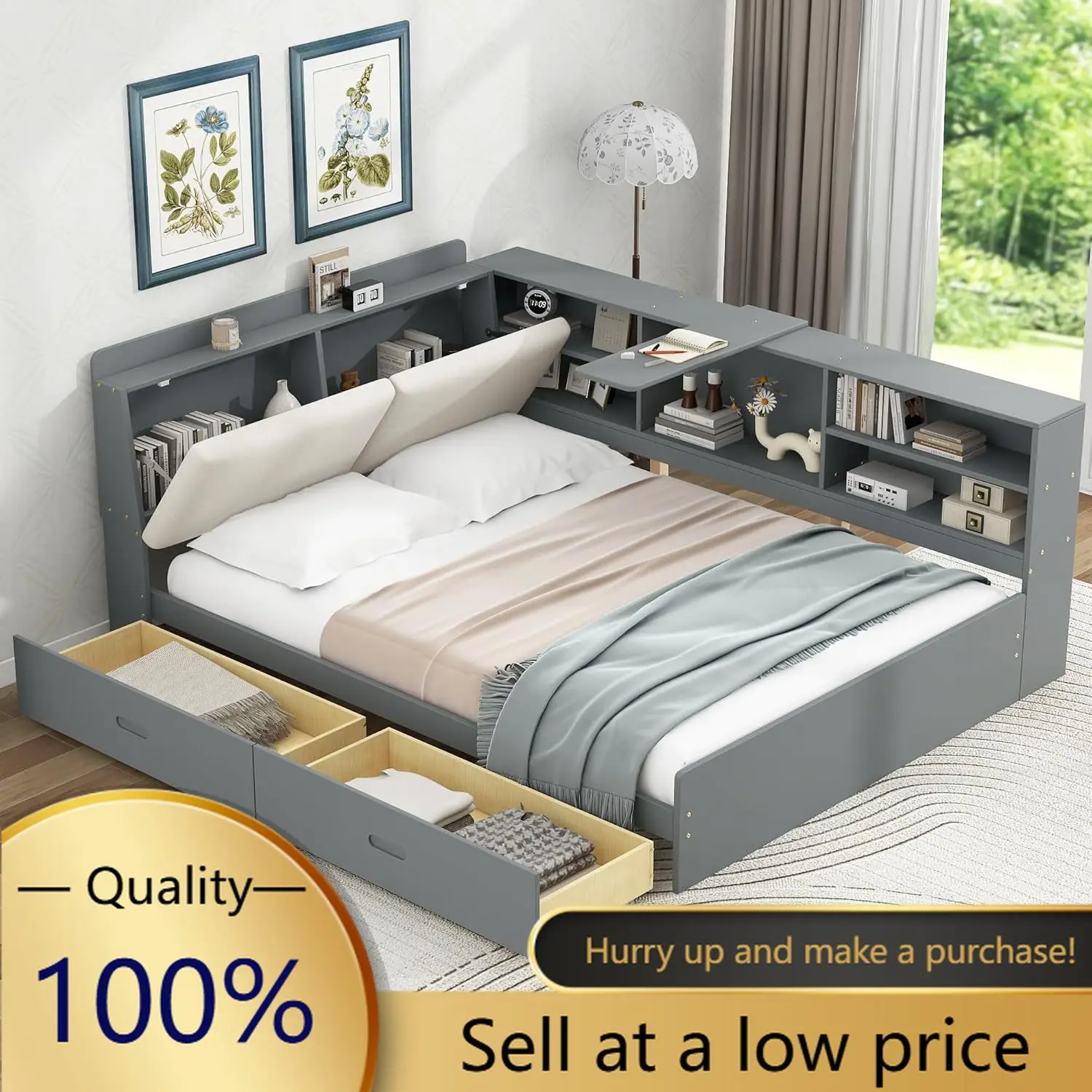 Full Size Corner Bed Frame with Storage Drawers, Solid Wood Platform Bed with Upholstered Headboard, Rotatable Board and Bookcas