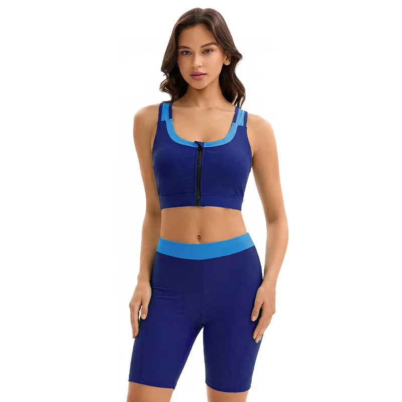 2026 Women Two Piece Racing Swimsuit High Waist Conservative Swim Shorts Set Front Zip Sports Bra Bathing Suit Beach Swimwear