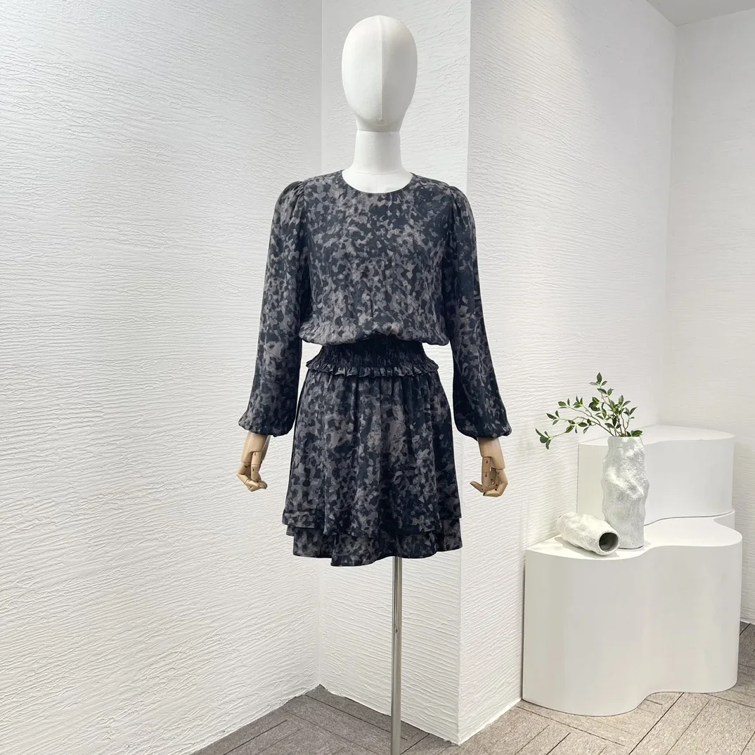 High Quality New Collection Black Camouflage Print Full Lantern Sleeve O-neck Shirred Women Mini Dress