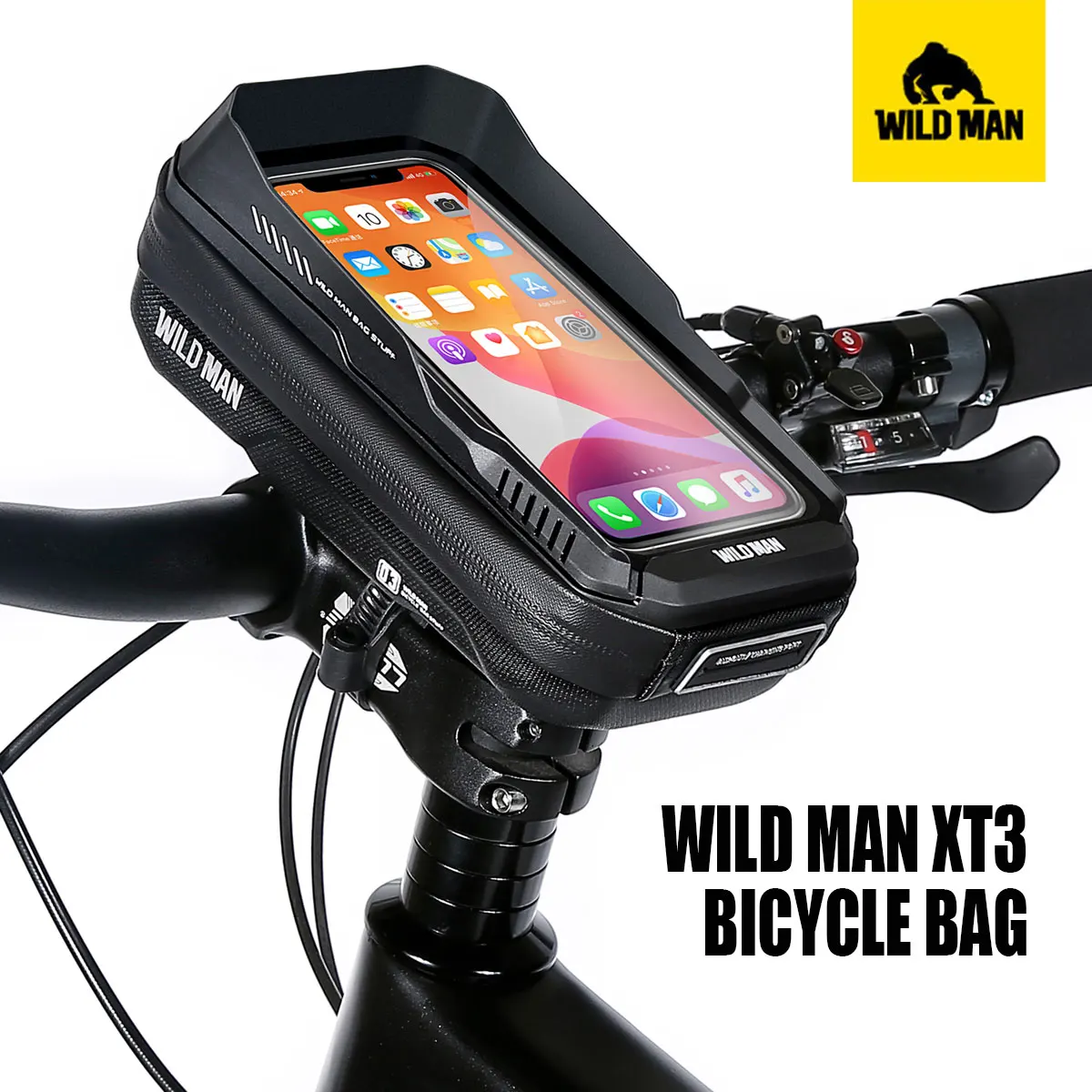 WILD MAN XT3 Mountain Road Bike Handlebar Bag with Phone Holder, Touch Screen Pouch, Outdoor Waterproof Stem Top Front Pack