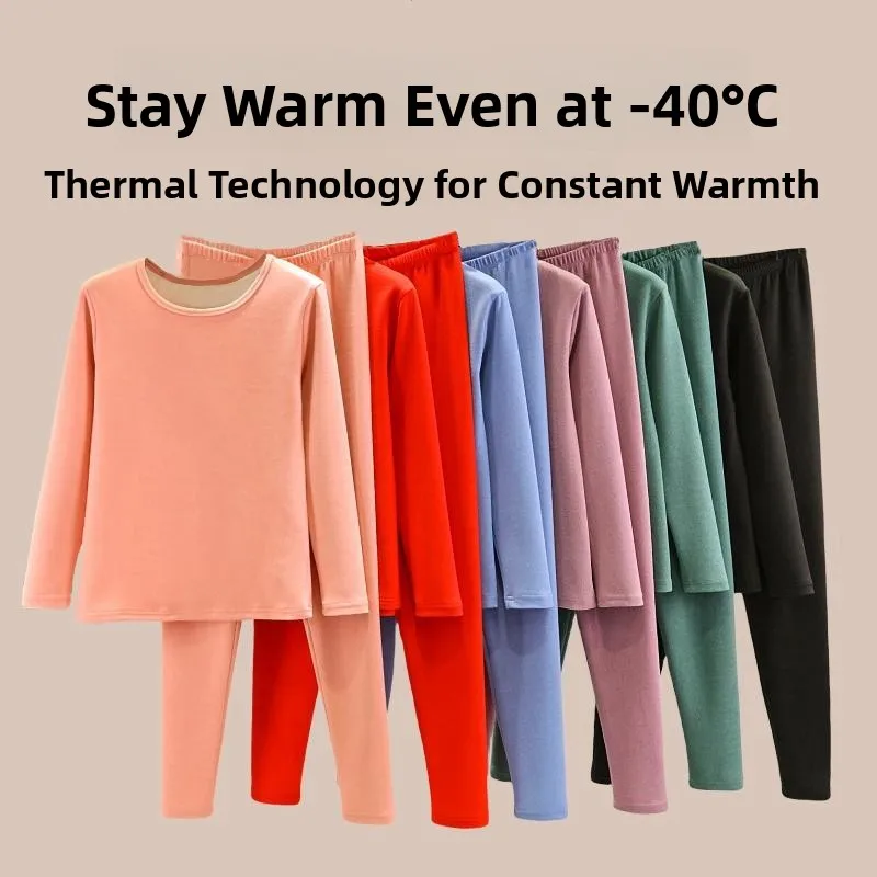 Thickened Fleece Women's Thermal Underwear Set with Chest Pad Inner Wear Long Sleeve round Neck Single Layer Pure Color Tagkita