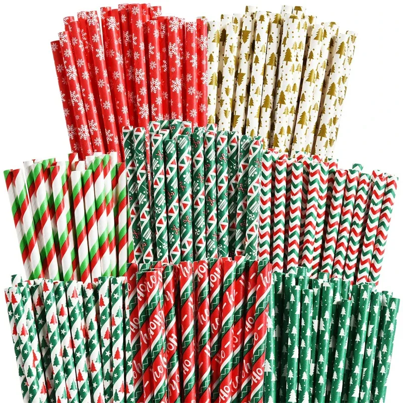 50/25Pcs Christmas Paper Straws Disposable Snowflake Drinking Straw Merry Christmas Decor for Home 2022 New Year Party Supplies