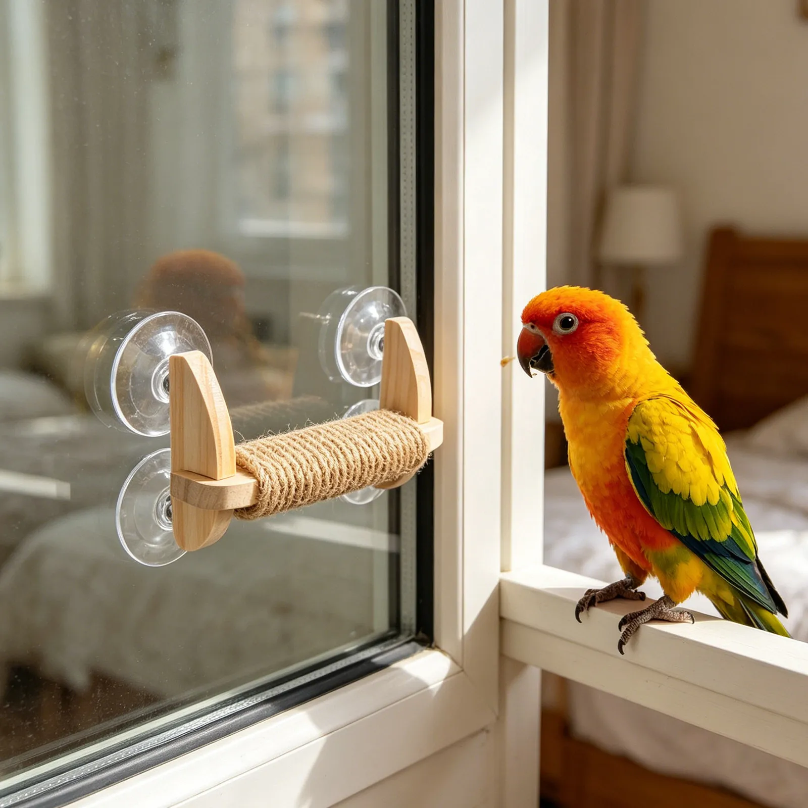 Parrot Perch Suction Cup Bird Perch for Window Tile Thick Wood Training Platform Stable Portable Parrot Stand Cockatiels Macaw