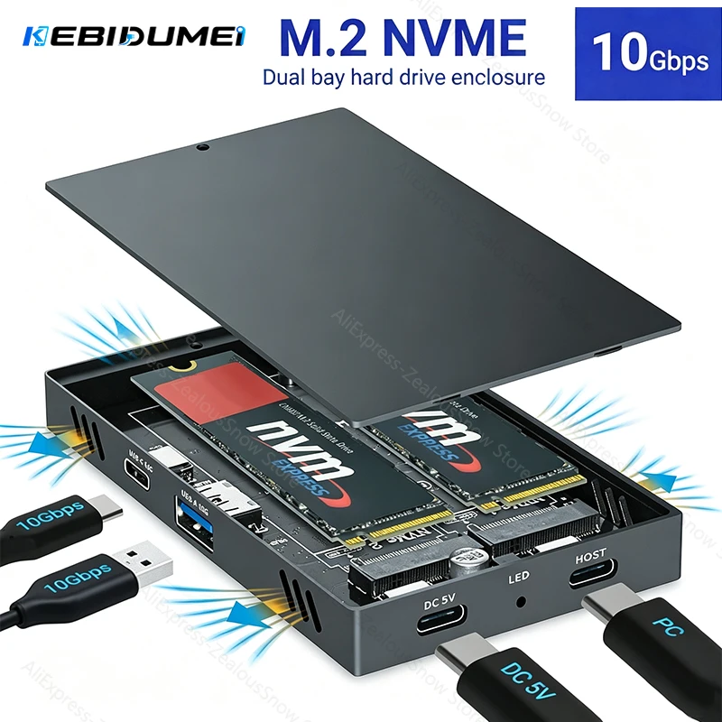 KEBIDUMEI M.2 NVMe Dual-Bay SSD Dockingstation PCI-E SSD-Gehäuse 10Gbps USB 3.2 Gen2 SSD-Box Festplattengehäuse 4-in-1 Typ-C HUB