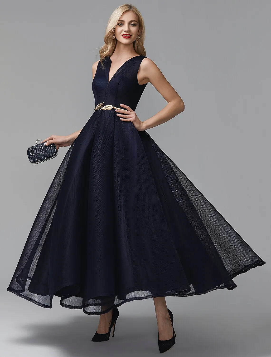 2023 Dark Navy Organza ชุดราตรี V คอความยาวข้อเท้าอย่างเป็นทางการ Gowns Robe De Soirée Femme