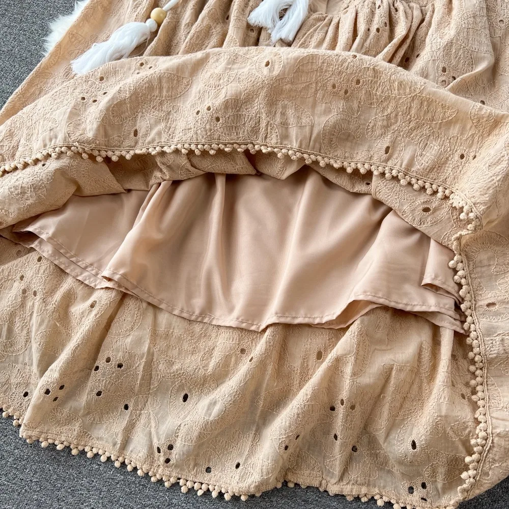 Neploe Slim Fit Stand Collar Lantern Sleeve Sweet Mujer Heavy Embroidery Crochet Dresses Slim Waist French Style Big Swing Robe